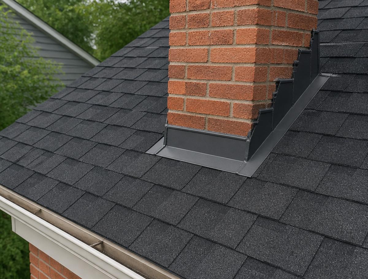 Same chimney with new flashing and clean shingles installed