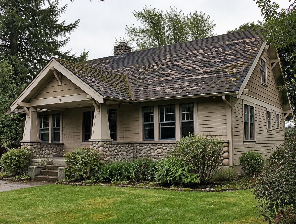 Craftsman home with worn, moss-covered shingle roof