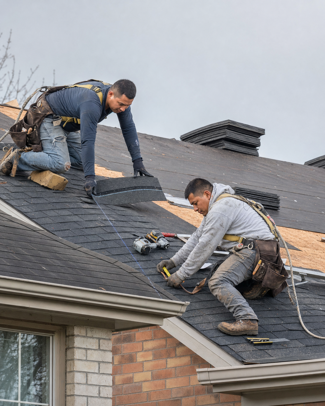 Two roofing contractors safely installing asphalt shingles on a residential roof.